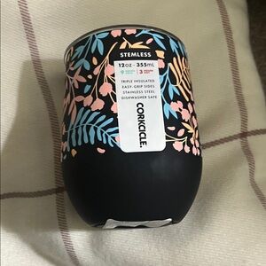 Brand New Corkcicle Black and Pink Floral Stemless Tumbler